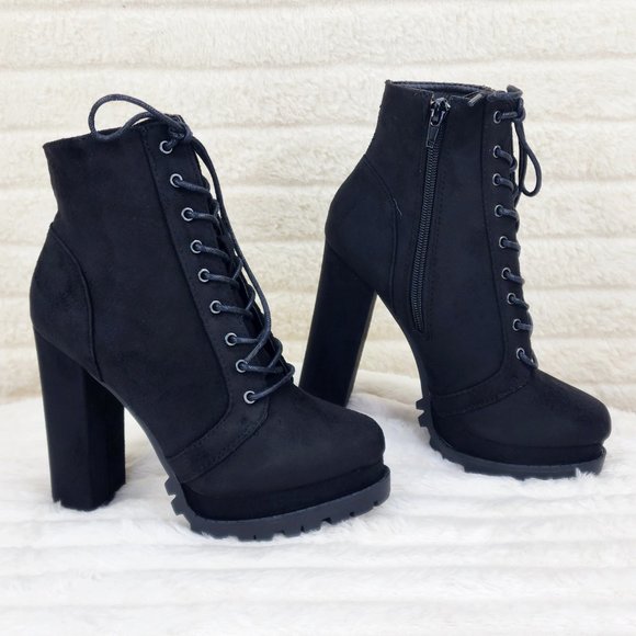 Vivian Black Faux Suede Chunky Heel Platform Ankle Boots - Picture 1 of 14